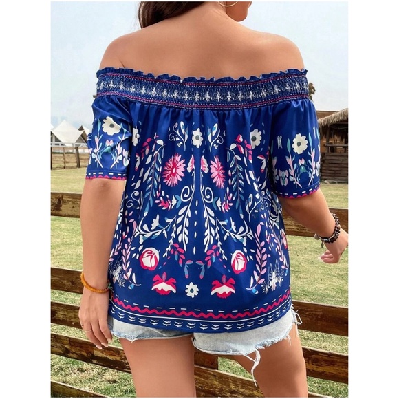 Plus Floral Print Off Shoulder Cottagecore Blouse - Picture 6 of 11